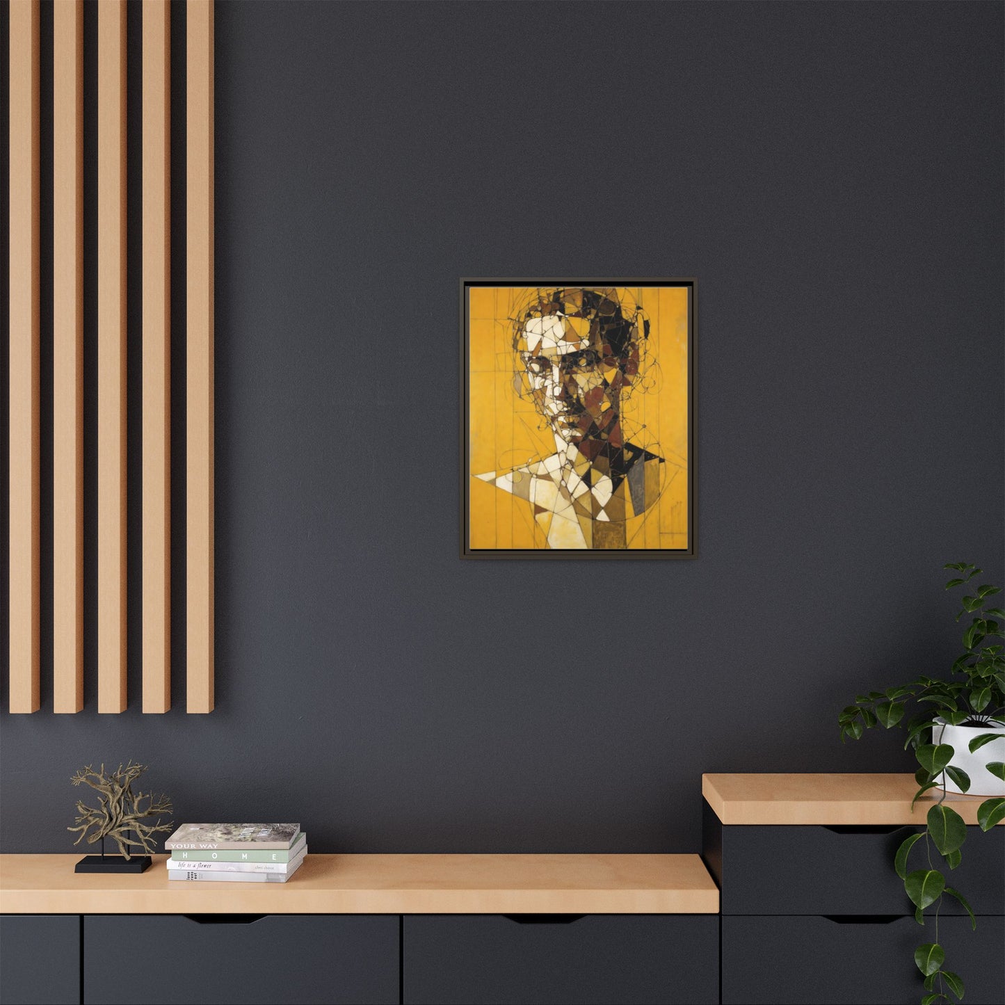 Framed Matte Canvas Art - Abstract Geometric Portrait on Mustard Yellow