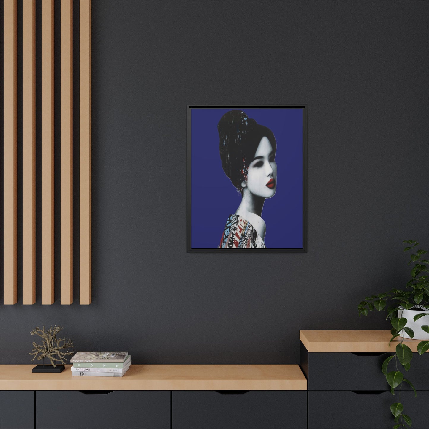 Framed Matte Canvas Art — Elegant Geisha Portrait on Deep Blue