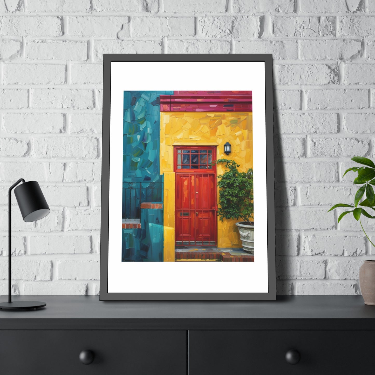 Framed Art Print - Vibrant Red Door Street Scene Poster