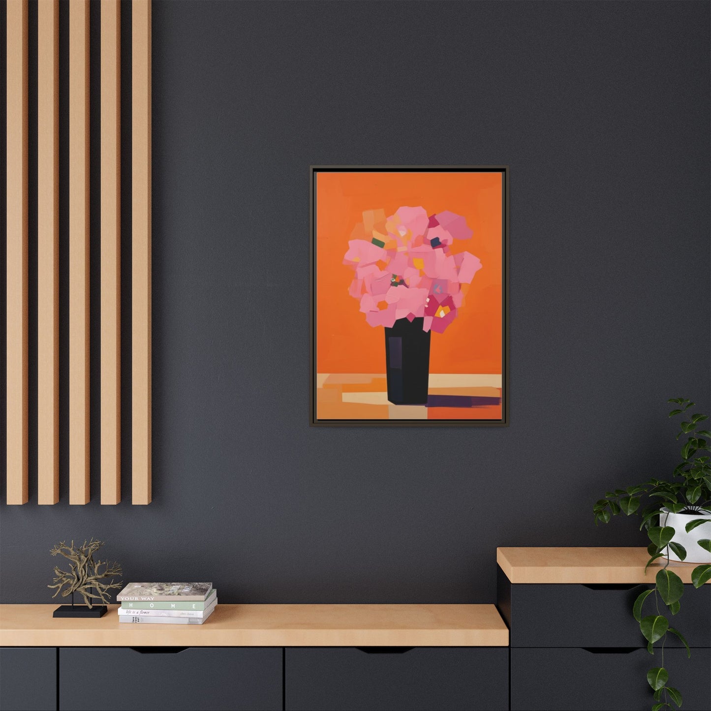 Framed Floral Canvas Art — Pink Bouquet on Orange Background