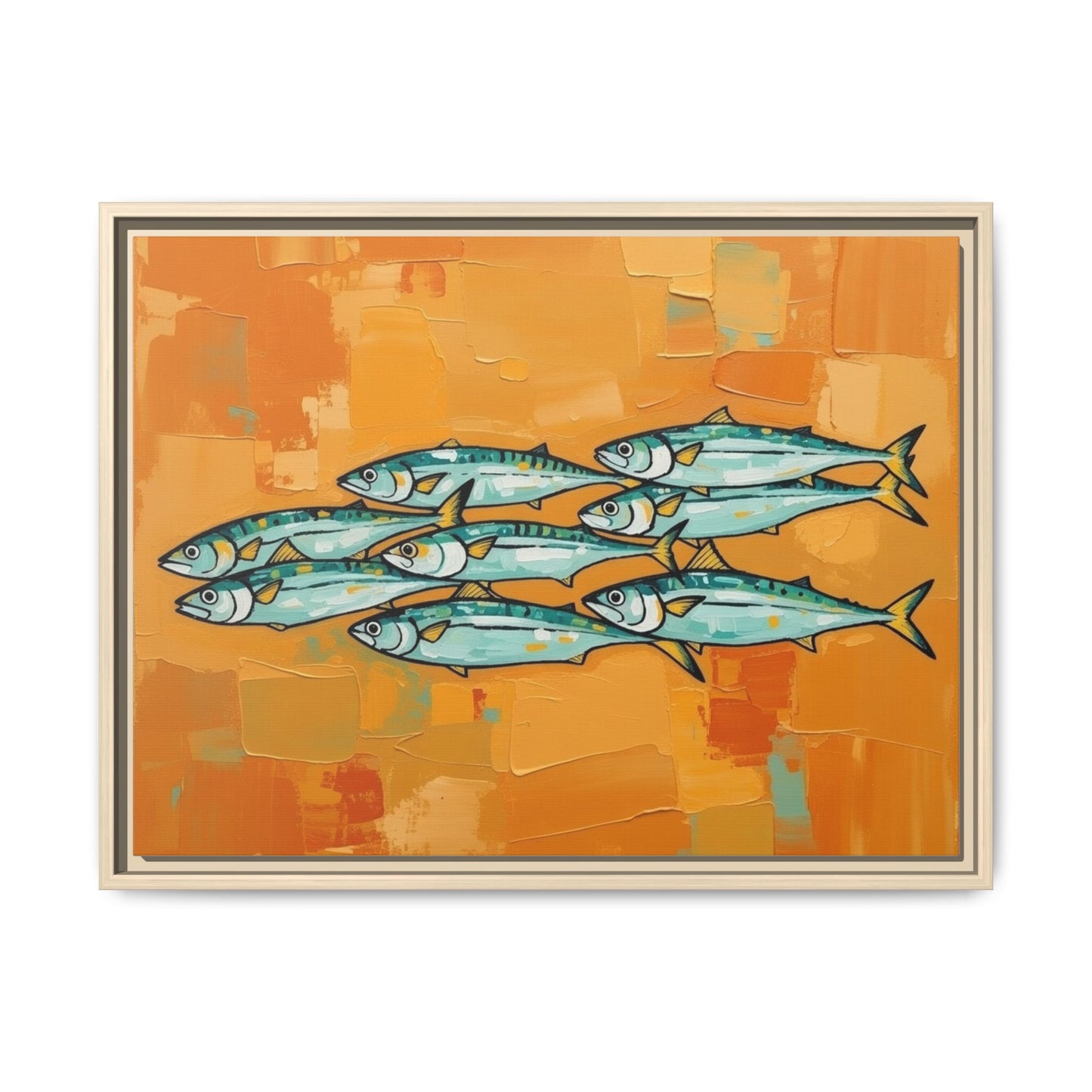 Framed Matte Canvas Print — School of Blue Fish on Orange Abstract Background
