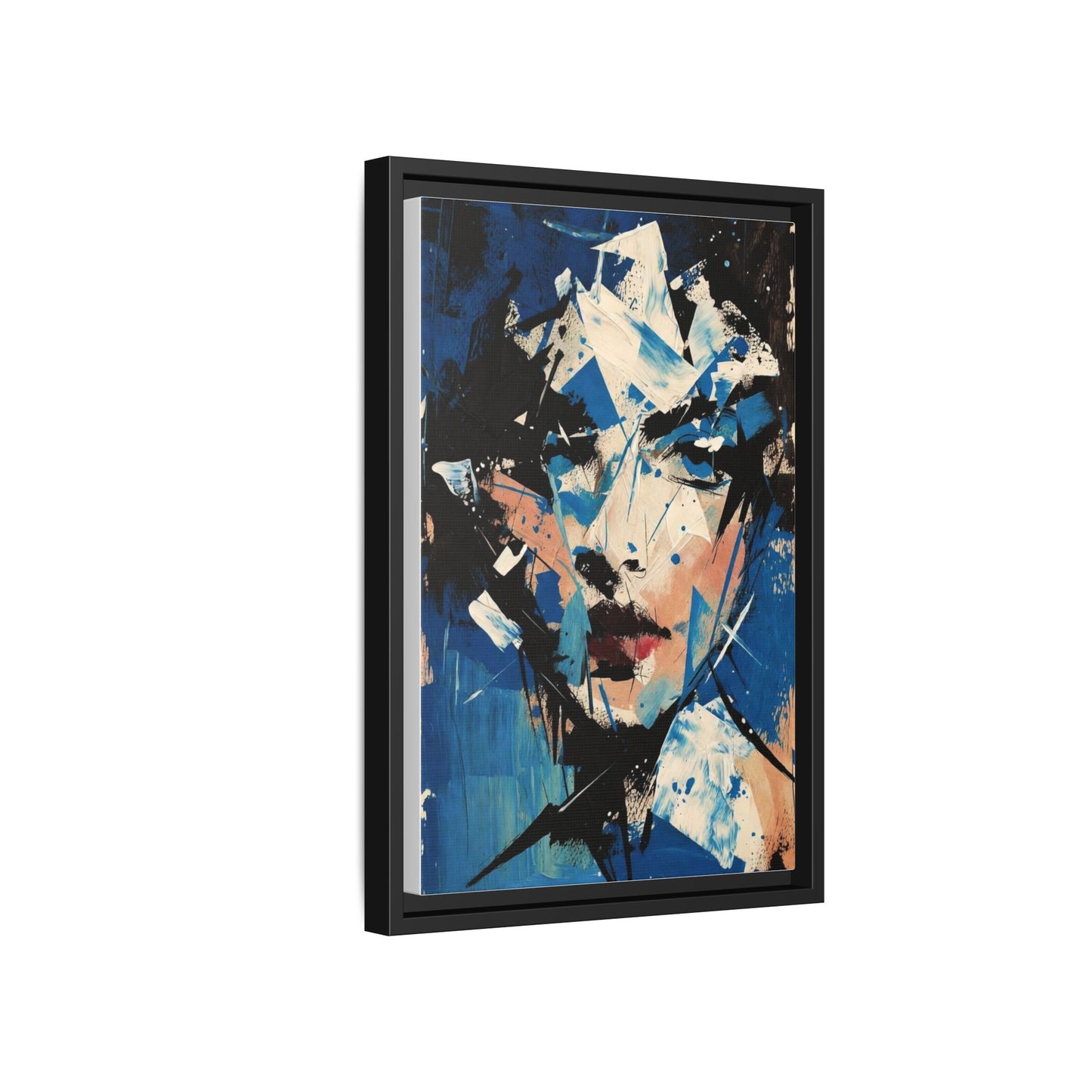 Abstract Portrait Matte Canvas Framed Wall Art — Blue Mixed-Media Face Print