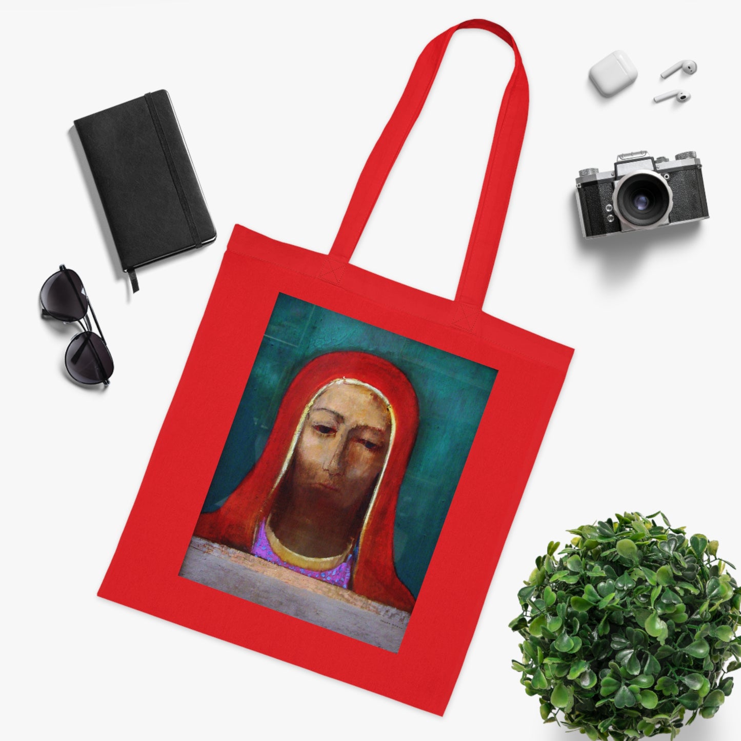 Art Portrait Tote Bag — Serene Red-Hooded Figure Canvas Cotton Tote