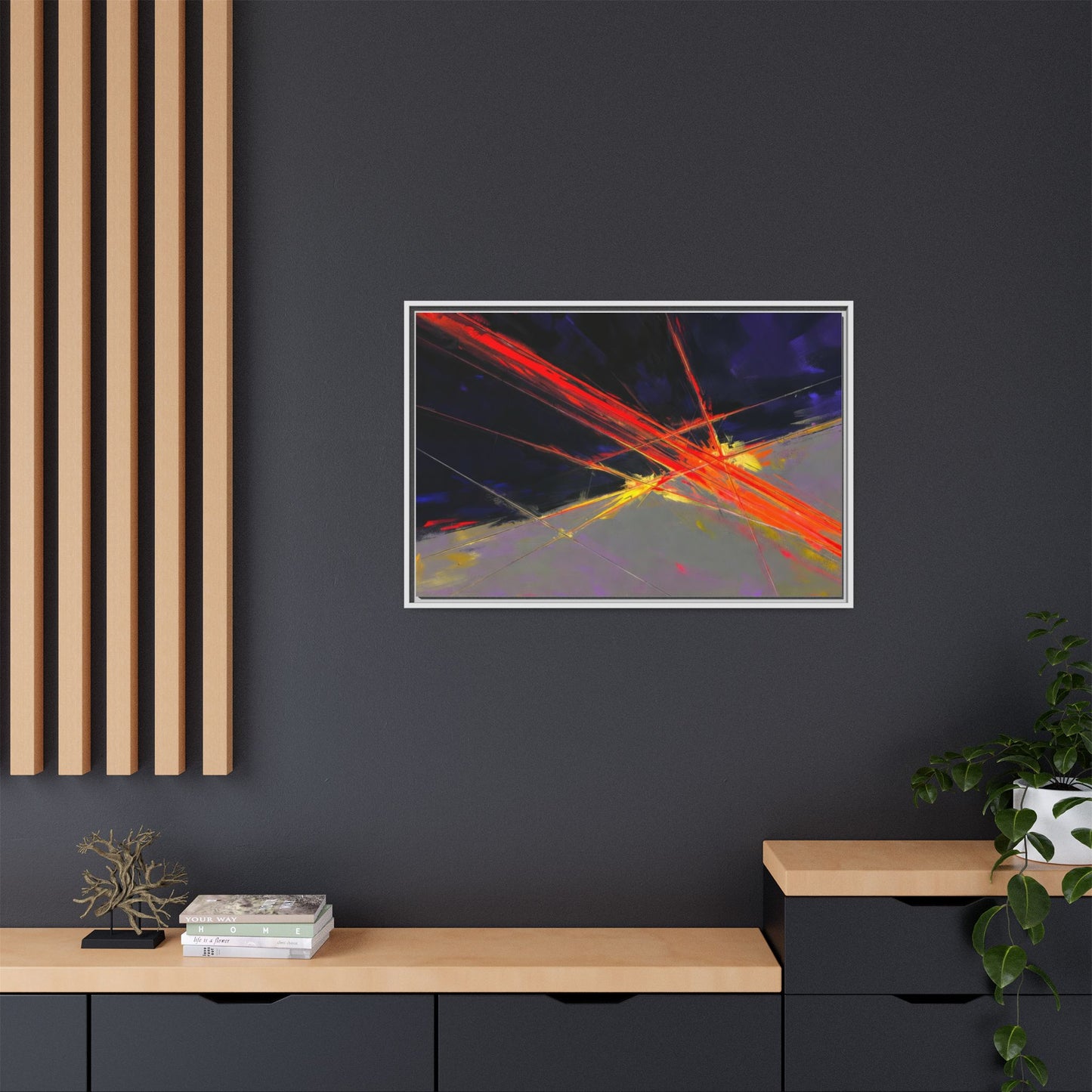 Abstract Red Streaks Framed Matte Canvas Art — Modern Multi‑Color Wall Decor