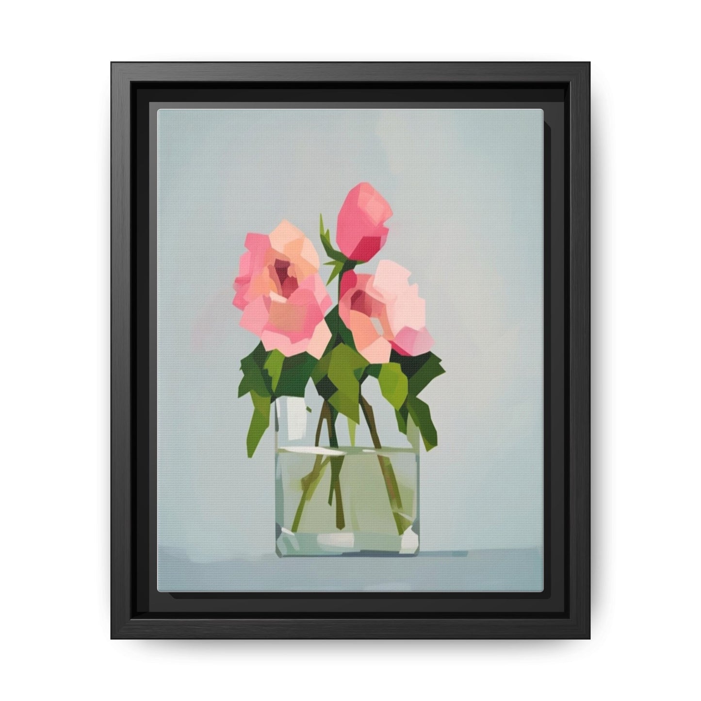 Framed Floral Canvas Print — Pink Roses in Glass Vase (Matte)