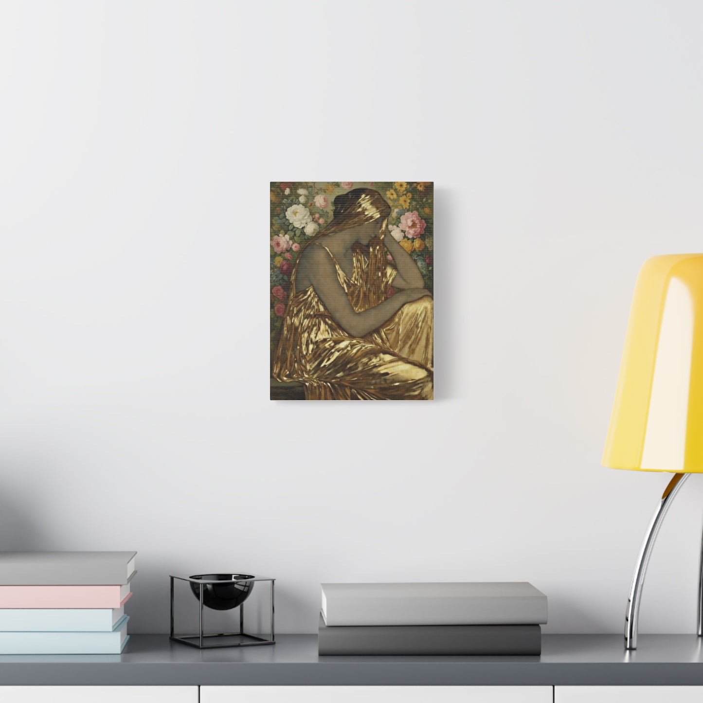 Golden Muse Canvas Print — Woman in Gold Floral Art (Stretched Matte)