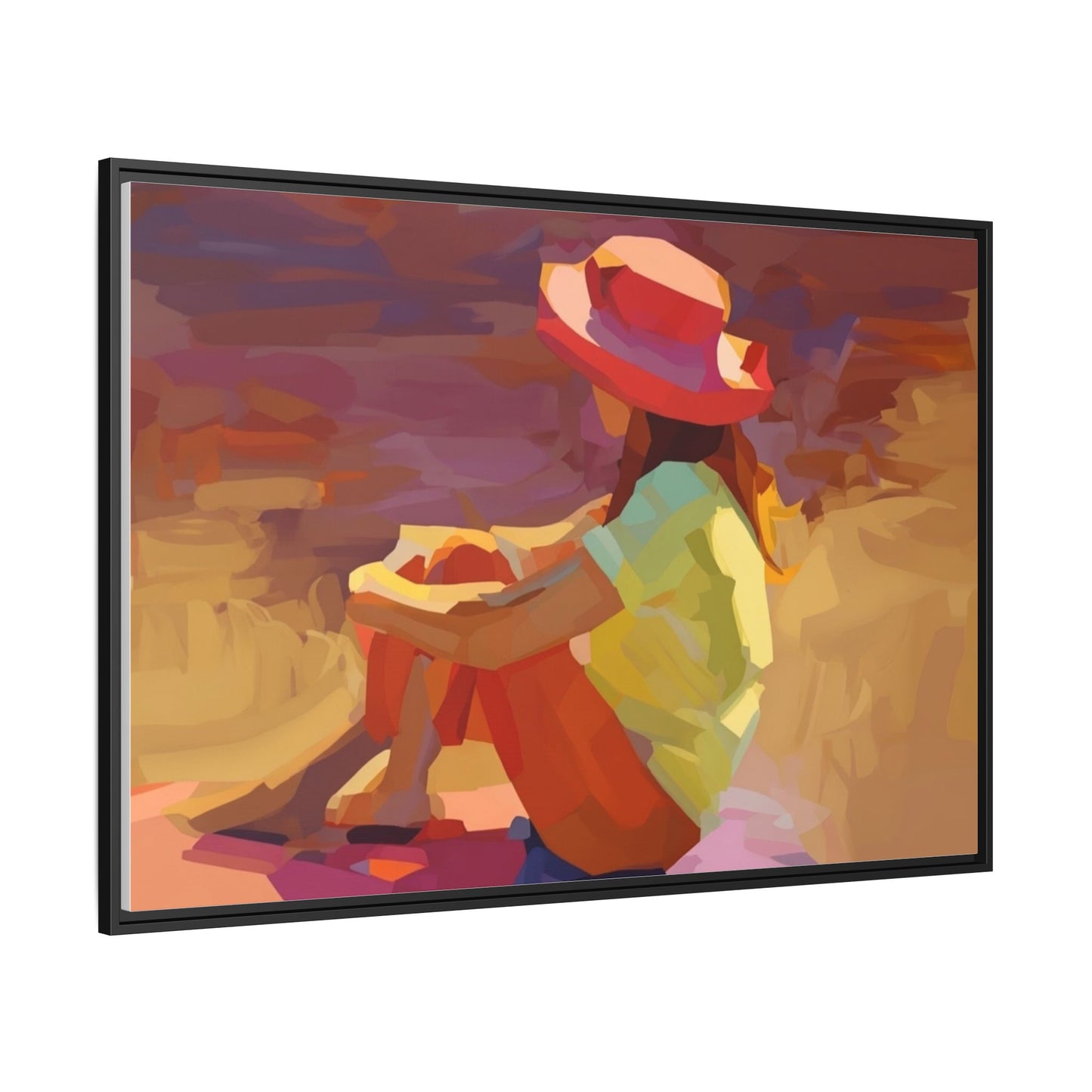 Framed Matte Canvas — Colorful Seated Girl Beach Art