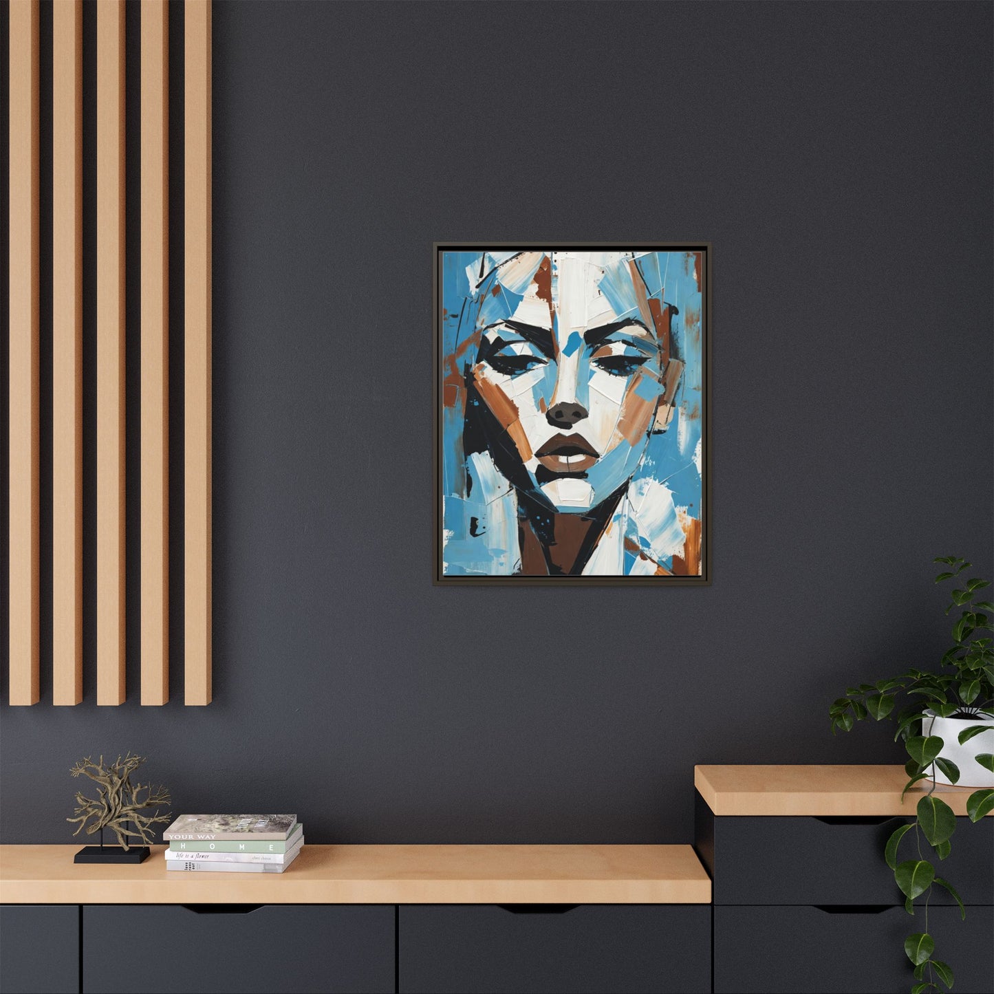 Abstract Blue Face Matte Canvas Wall Art — Framed Modern Portrait Print