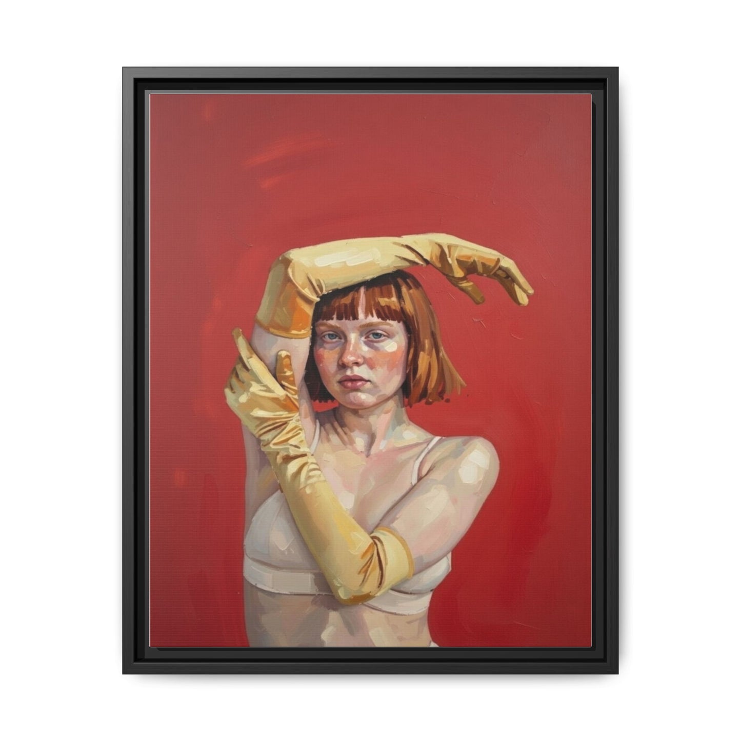 Framed Matte Canvas Art - Portrait of Woman in Yellow Gloves (Red Background)