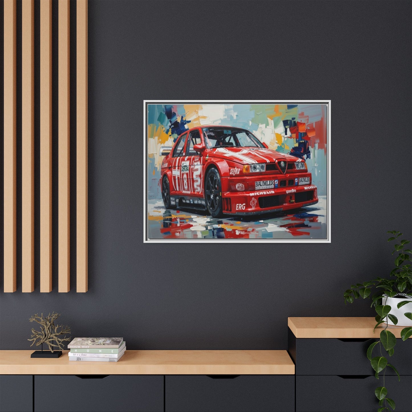 Framed Racing Car Canvas Print — Red Alfa Romeo Track Art