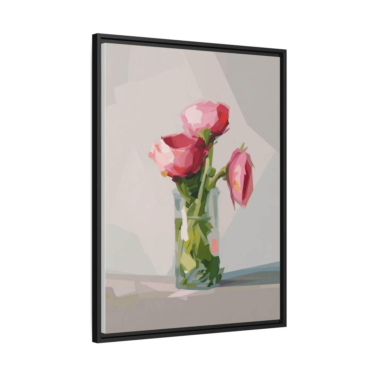 Framed Canvas Art — Pink Roses in Vase, Modern Floral Wall Print