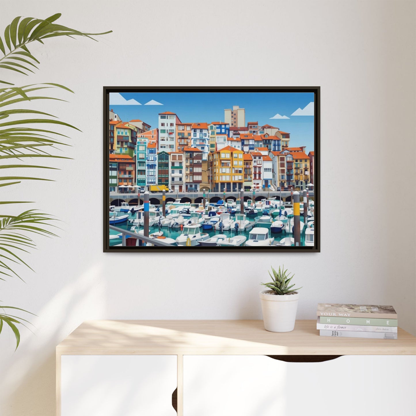 Framed Matte Canvas Print — Colorful Mediterranean Harbor Illustration