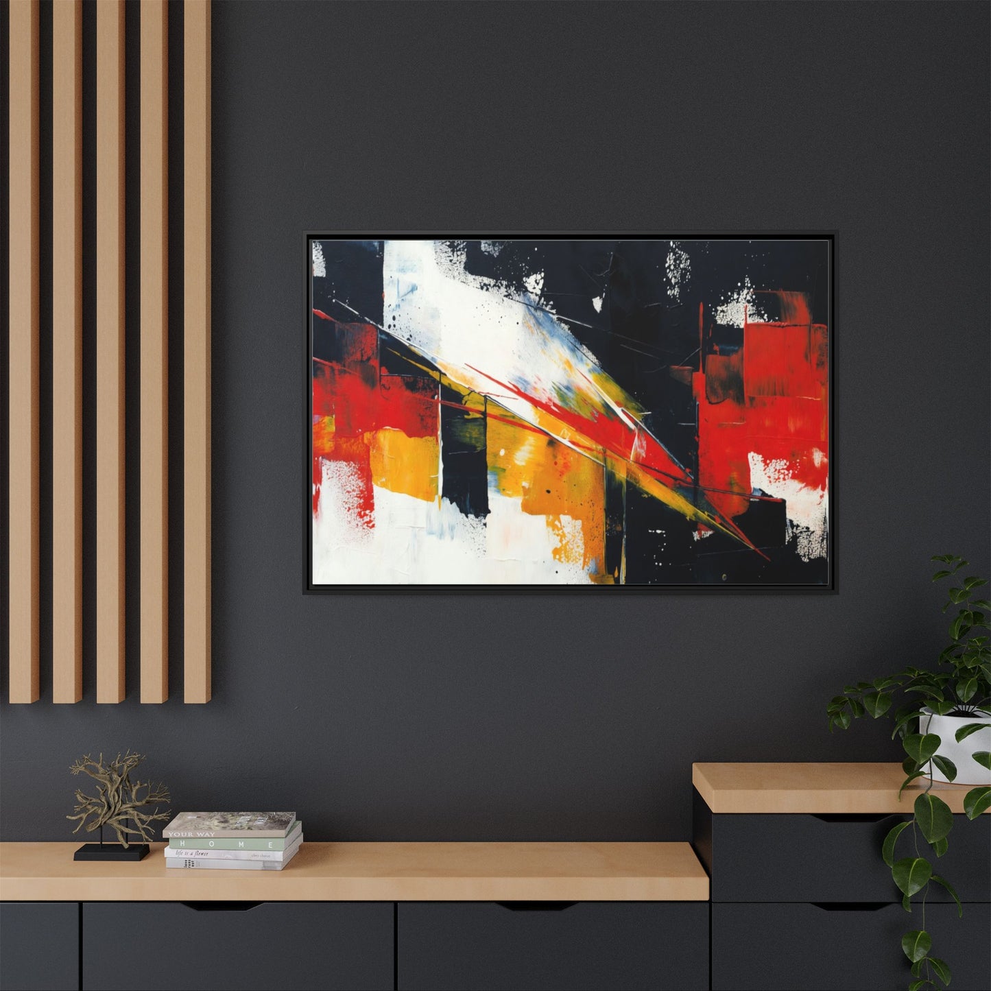 Abstract Red & Black Framed Canvas Print — Modern Geometric Wall Art