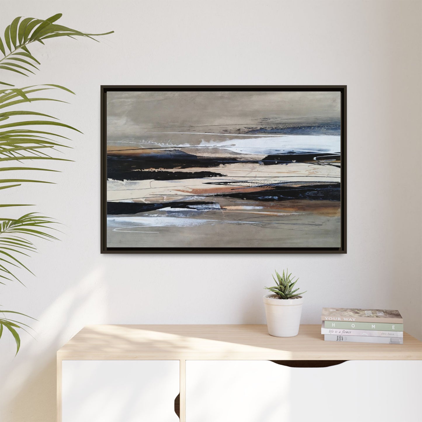 Abstract Seascape Matte Canvas Framed Wall Art — Neutral Coastal Landscape