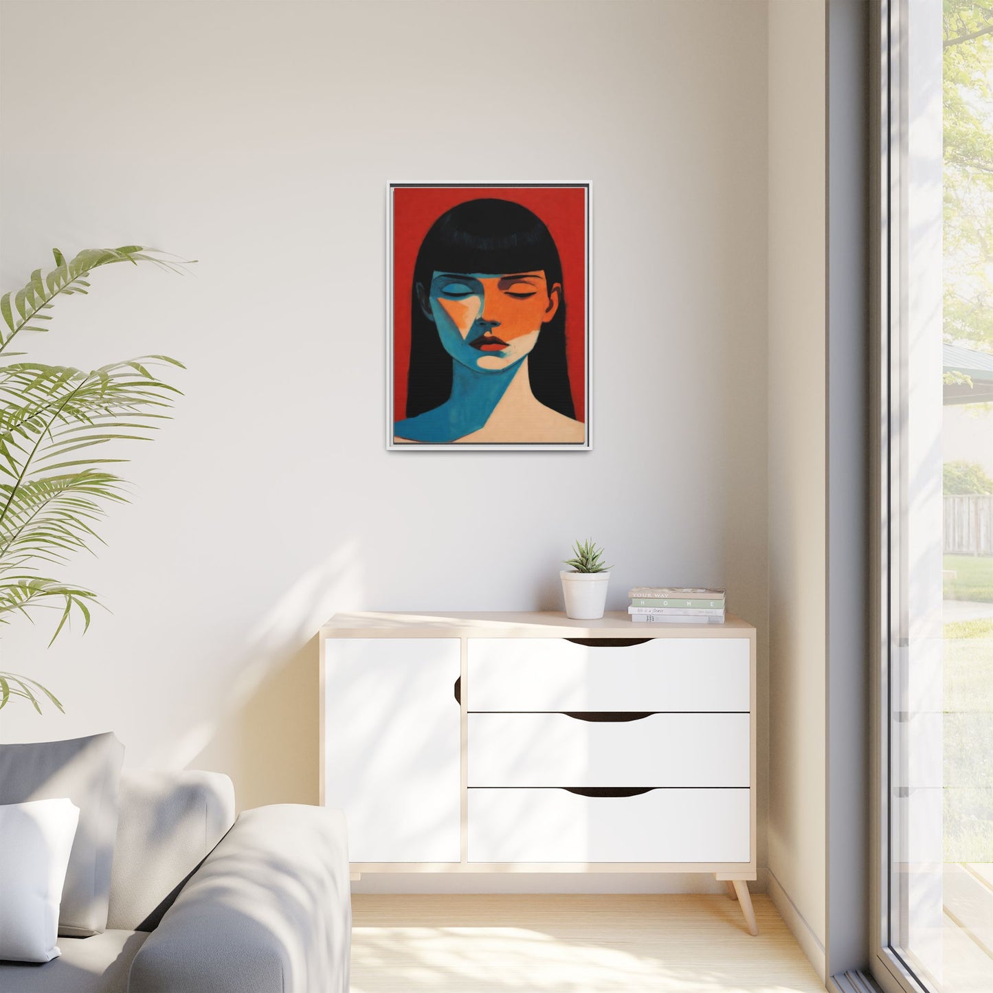 Framed Matte Canvas Art – Minimalist Portrait in Red & Teal