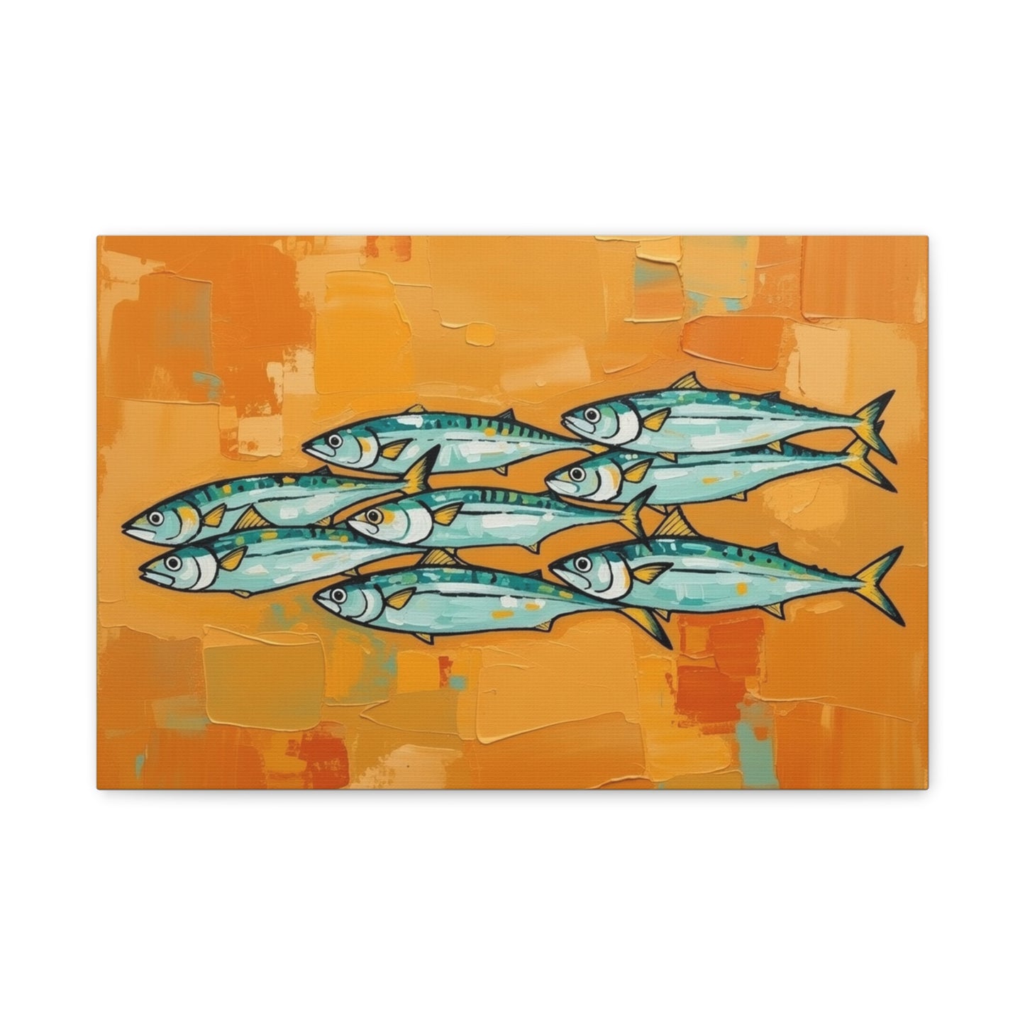 School of Mackerel Canvas Wall Art — Nautical Fish Painting on Orange Background