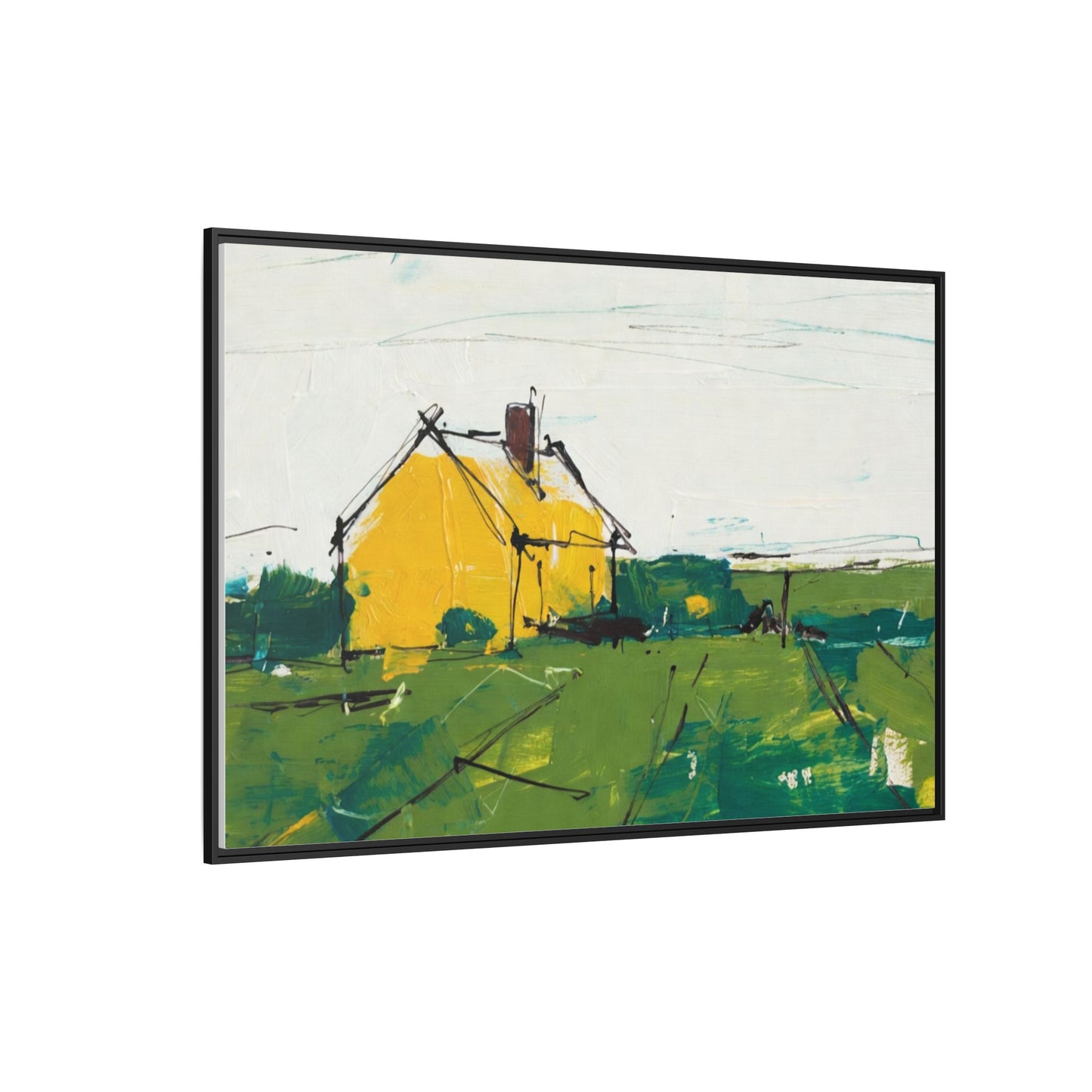 Yellow Cottage Landscape Framed Canvas Print