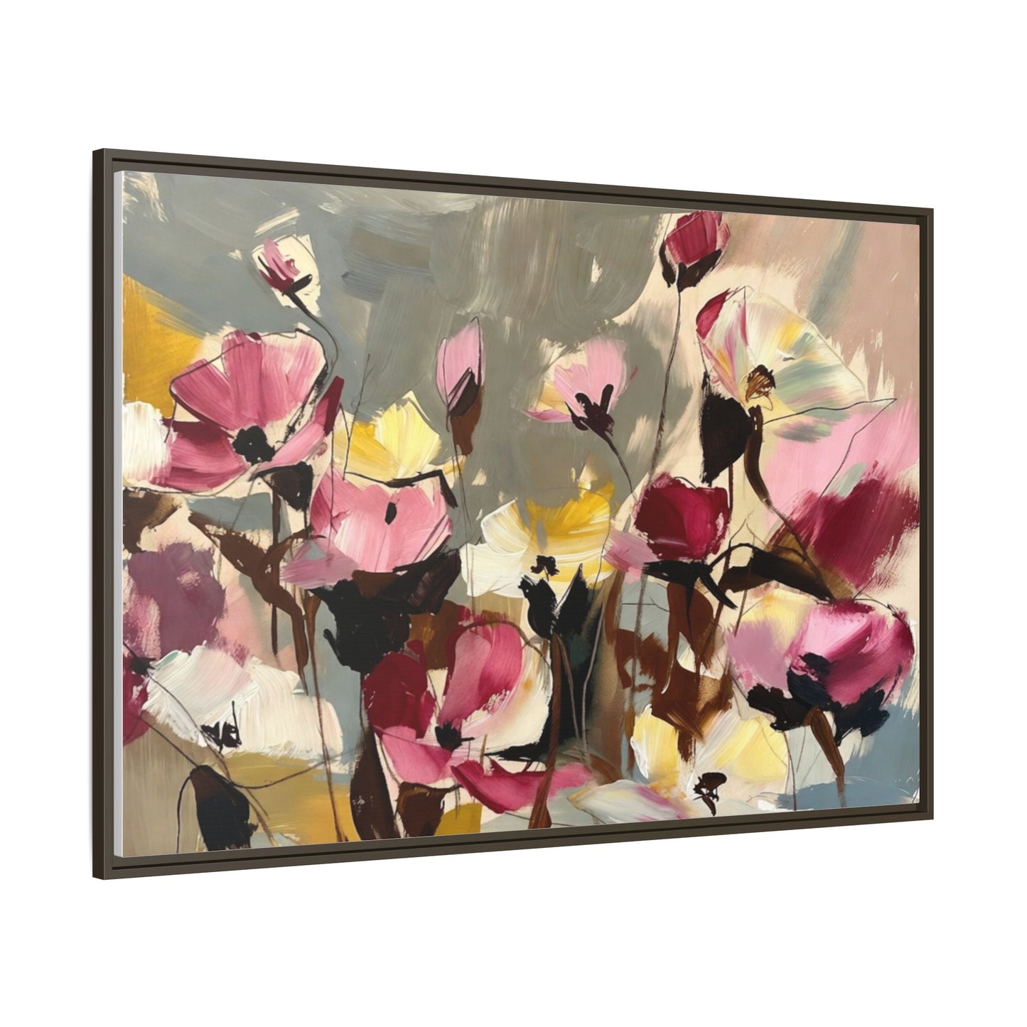 Framed Floral Canvas Wall Art — Abstract Pink & Yellow Flowers