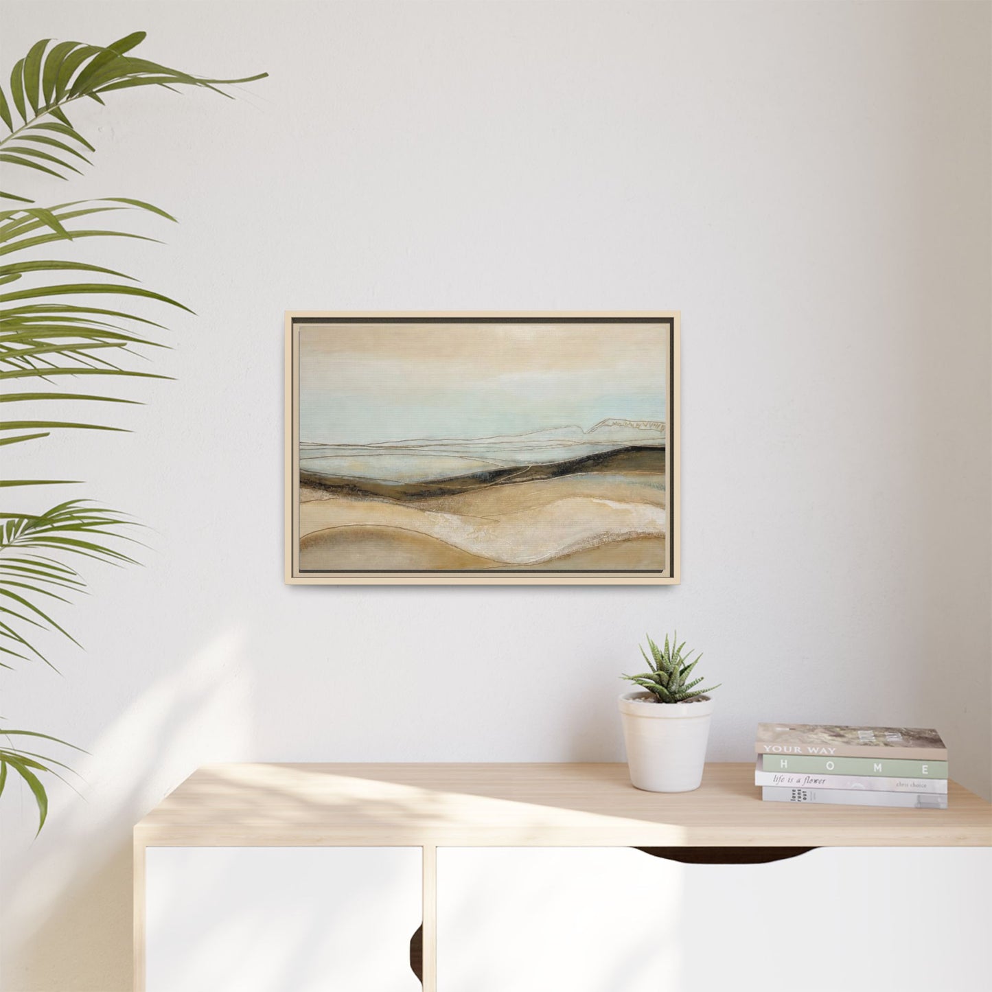 Framed Matte Canvas Wall Art — Neutral Abstract Landscape in Soft Blues & Earth Tones