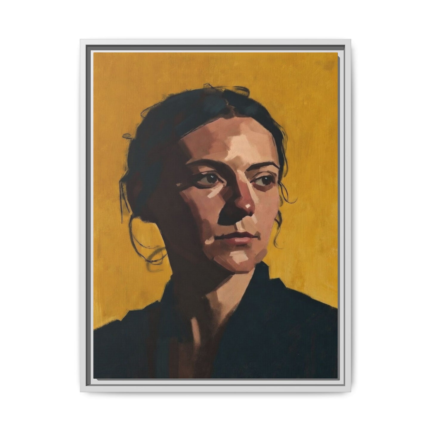 Framed Matte Canvas Portrait Art — Moody Woman on Mustard Background