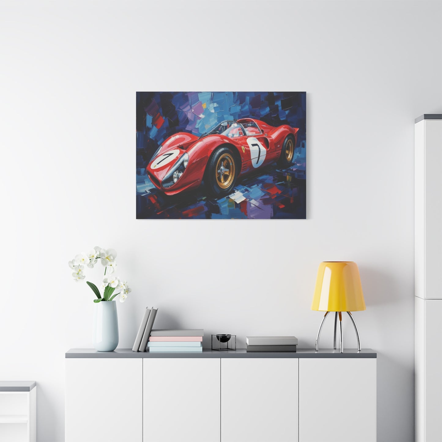 Vintage Ferrari Racing Car Canvas Print — Red Classic Sports Car Artwork (Matte Stretched)