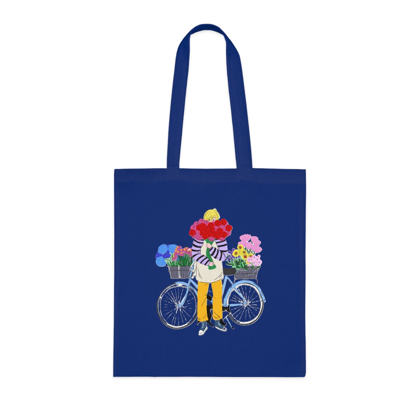 Floral Bike Tote Bag — Cotton Market Tote with Colorful Flower Bicycle Design