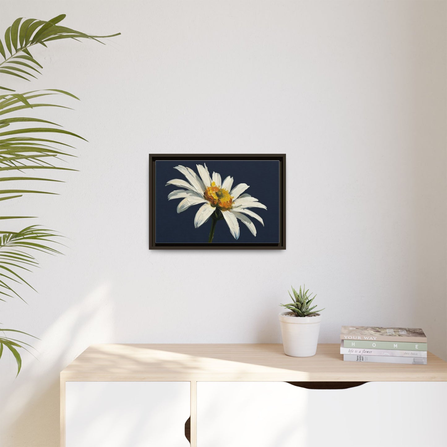 Framed Matte Canvas Daisy Wall Art — White Floral Painting on Navy