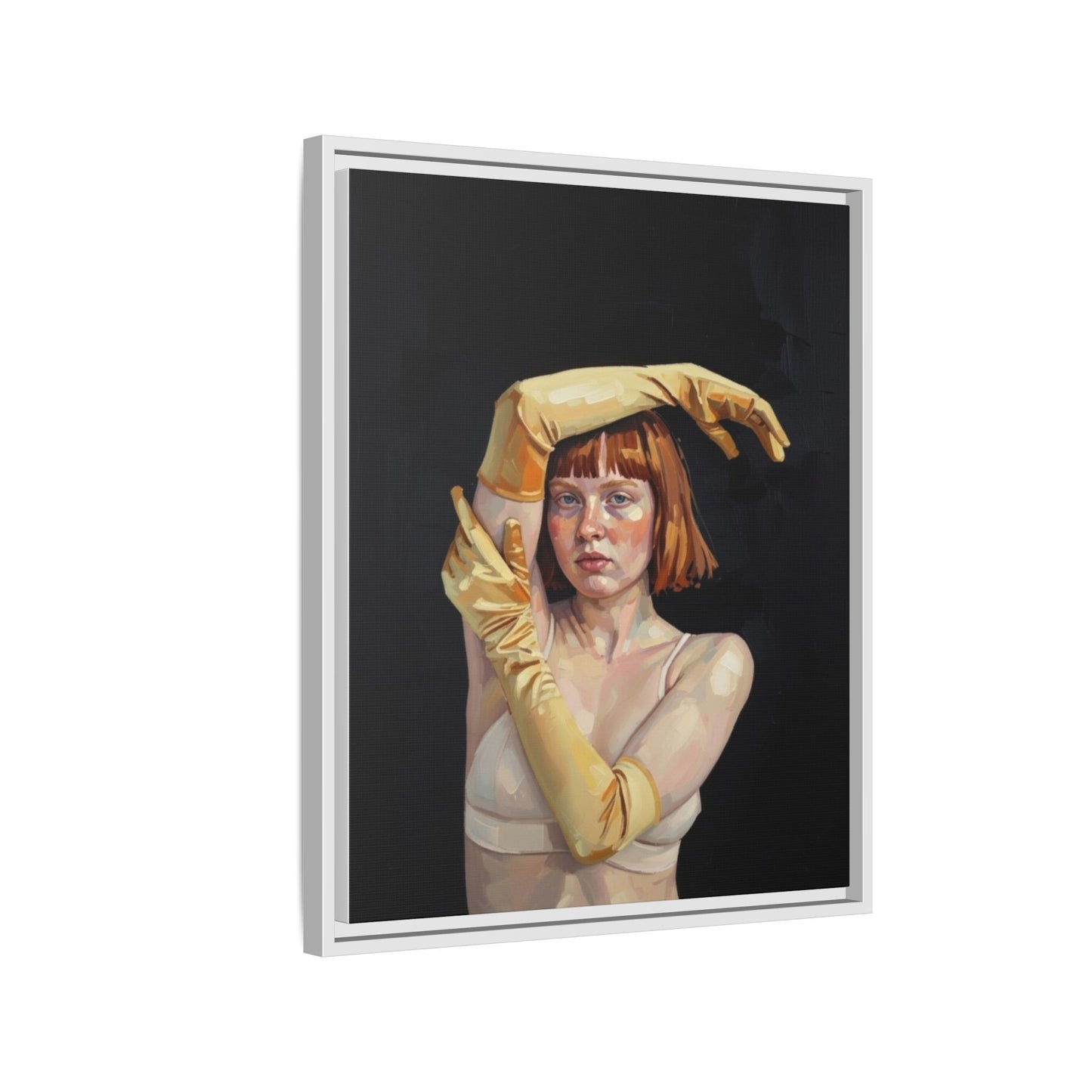 Framed Matte Canvas Art – Portrait of Woman in Yellow Gloves