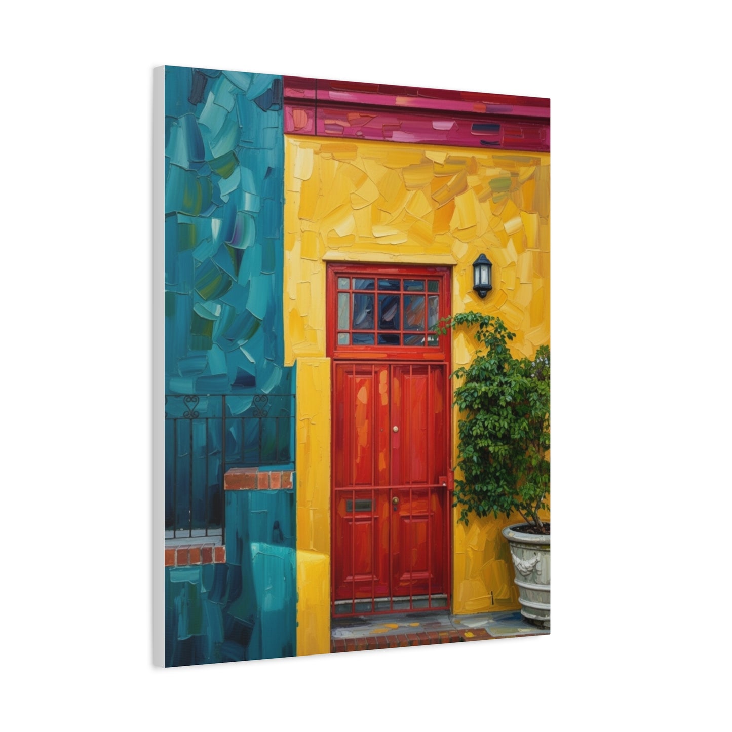Colorful Doorway Canvas Wall Art — Vibrant Yellow & Teal Street Scene, Matte Stretched Print