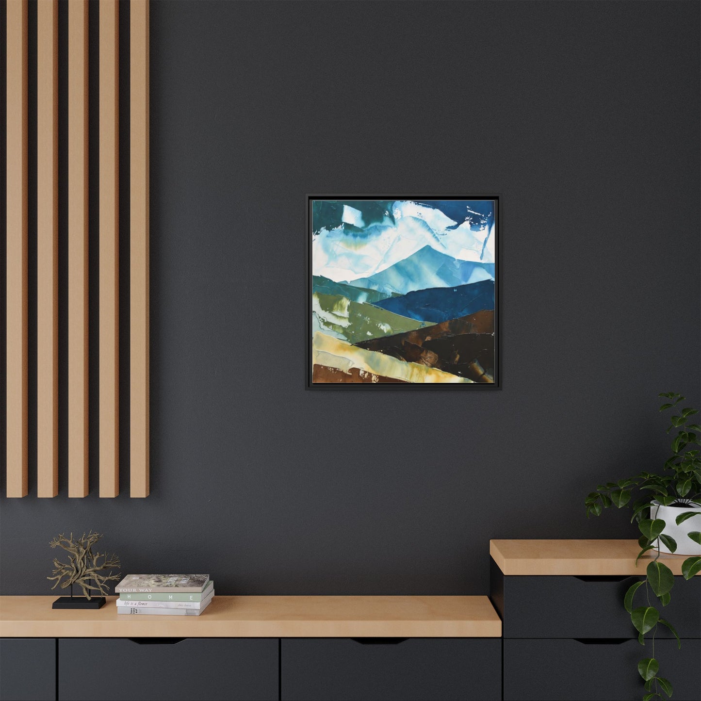 Framed Abstract Mountain Canvas Art — Blue & Earthtone Landscape Print
