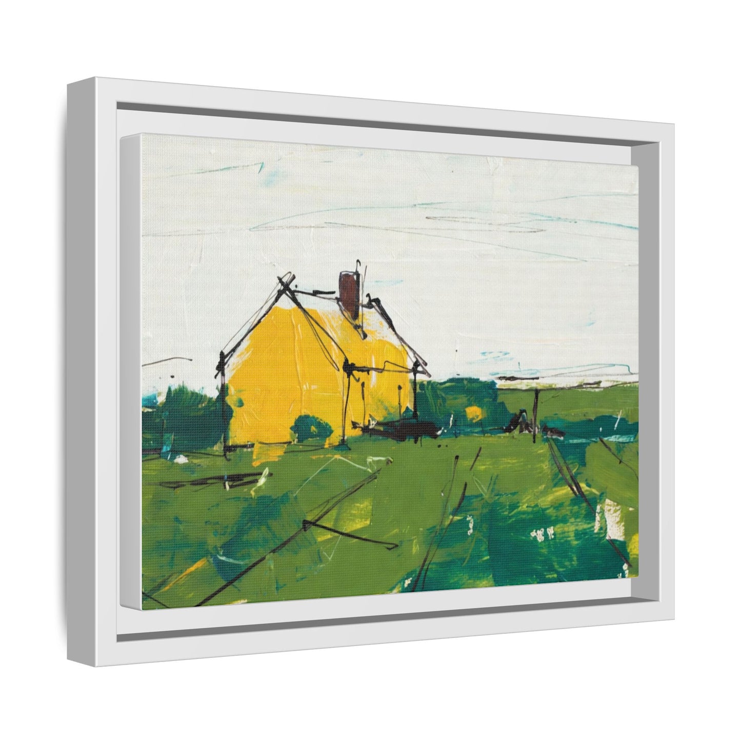 Yellow Cottage Landscape Framed Canvas Print