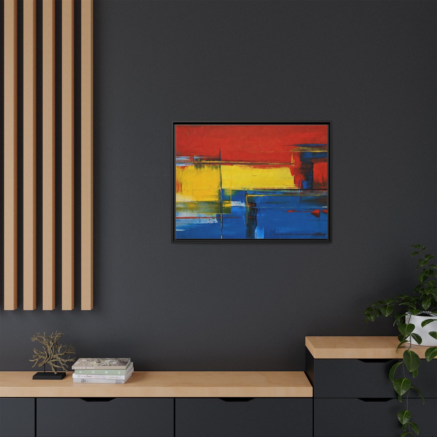 Abstract Color Block Matte Canvas Framed Wall Art — Modern Red Yellow Blue Painting