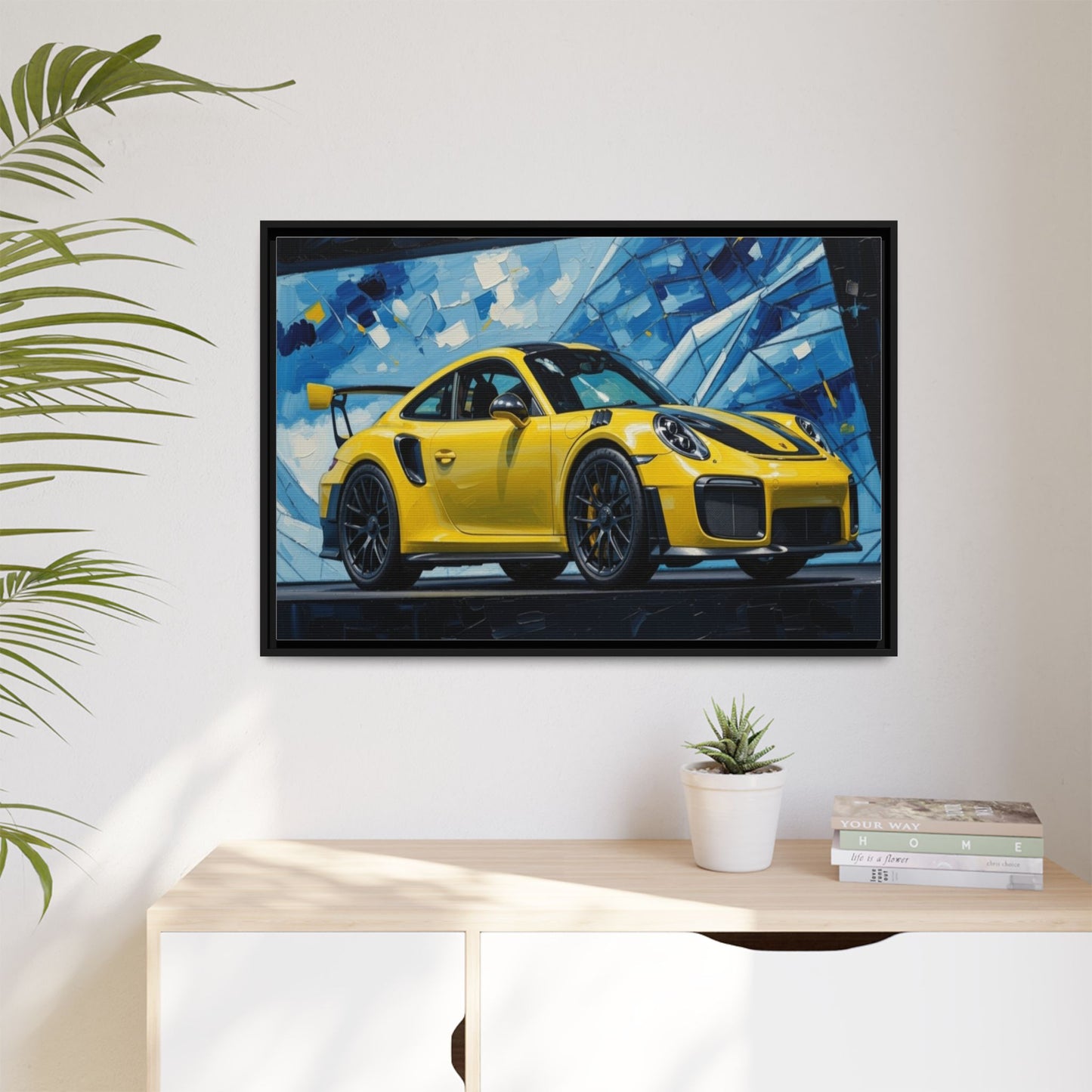Yellow Porsche Sports Car Matte Framed Canvas – Modern Automotive Wall Art