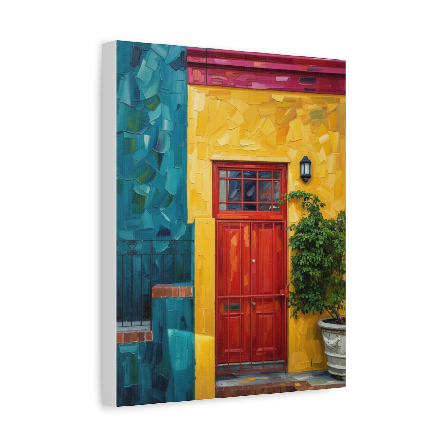 Colorful Doorway Canvas Wall Art — Vibrant Yellow & Teal Street Scene, Matte Stretched Print
