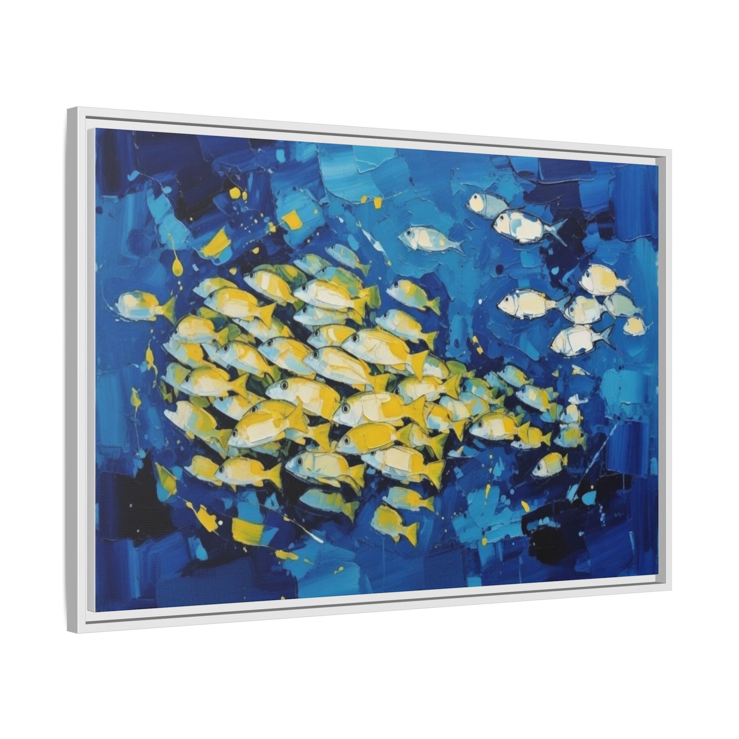 Framed Matte Canvas: Blue School of Fish Wall Art