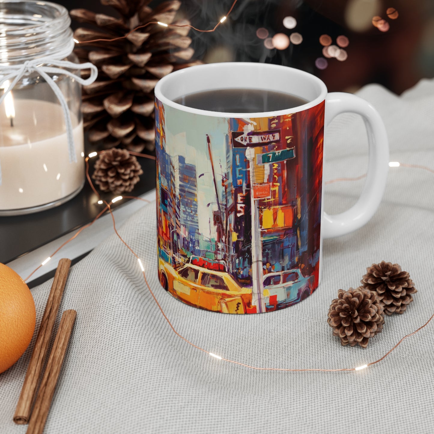 City Nights Coffee Mug — Vibrant Urban Taxi Street Art 11oz