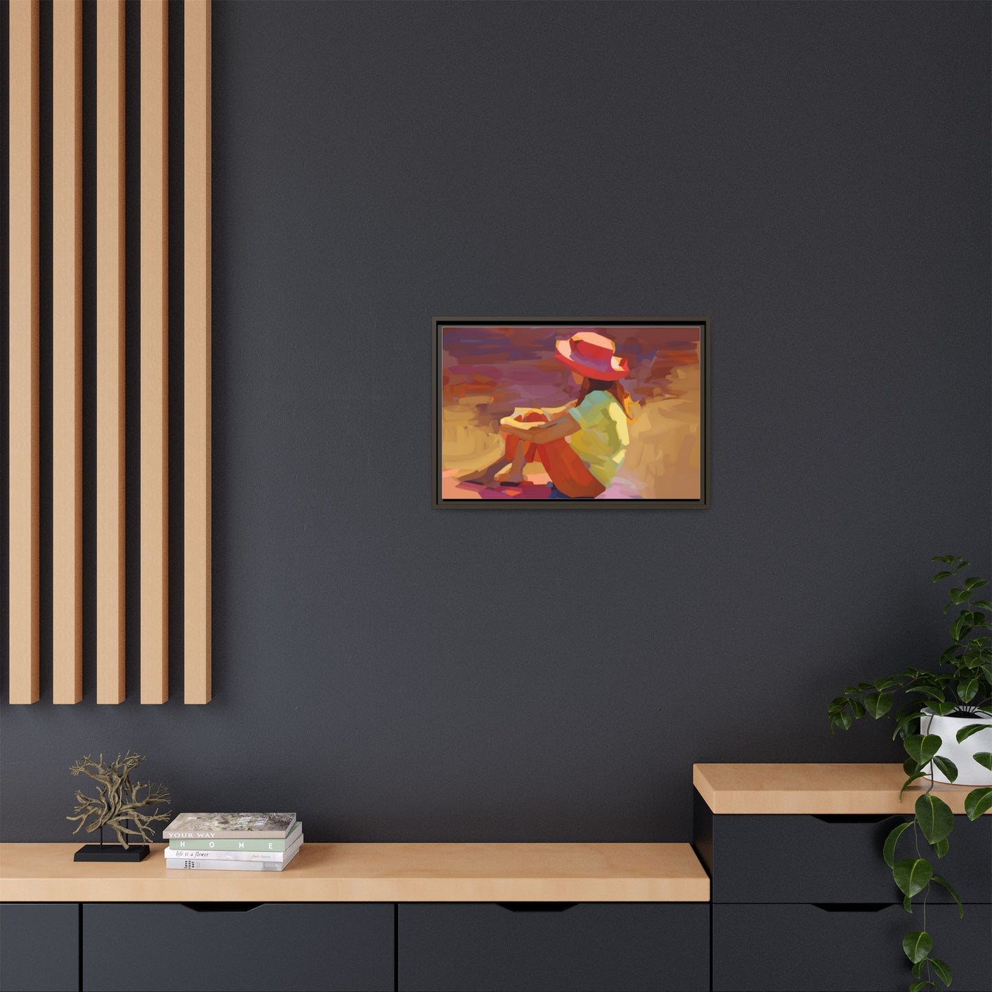 Framed Matte Canvas — Colorful Seated Girl Beach Art