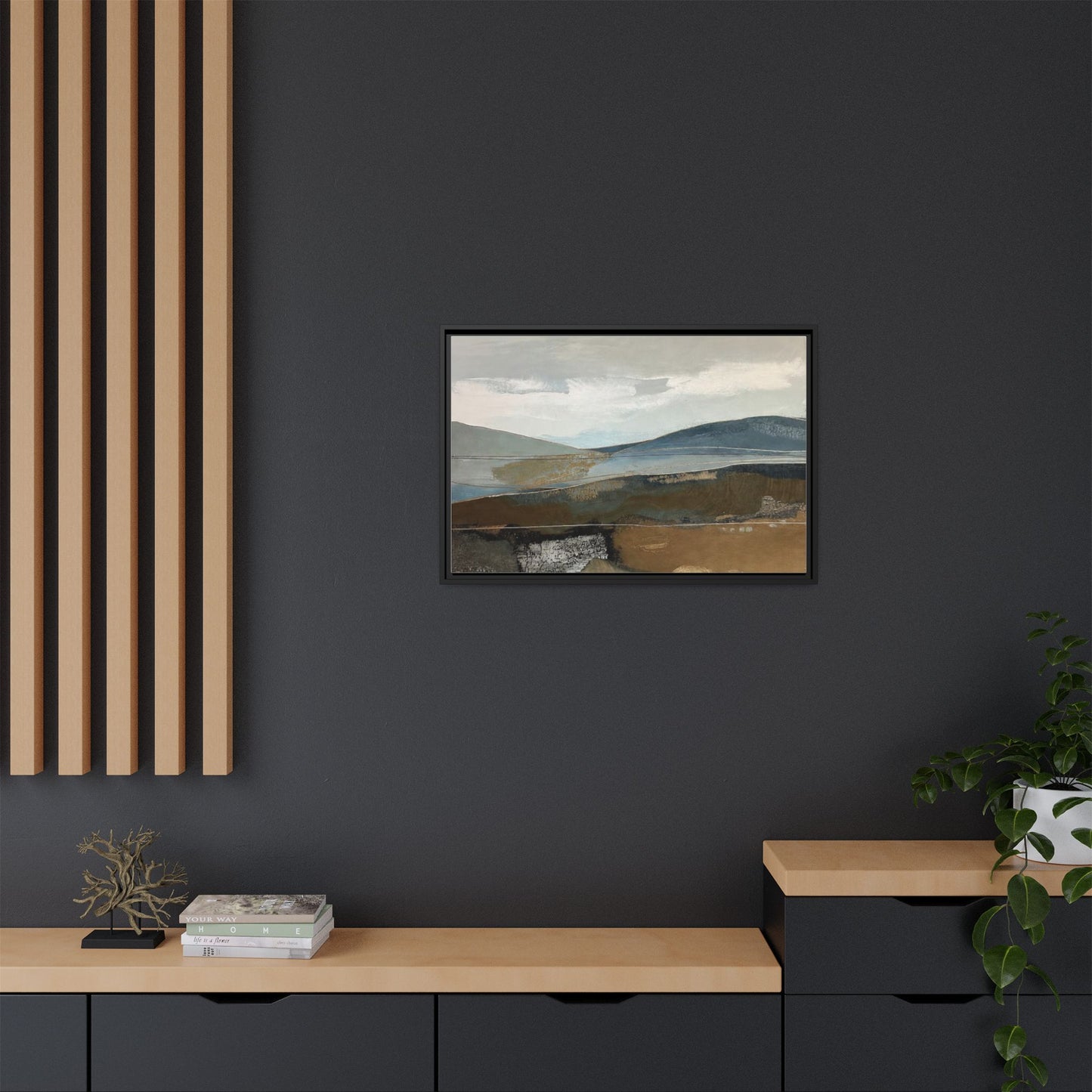 Framed Matte Canvas Landscape Art - Serene Abstract Hills in Blue & Earth Tones