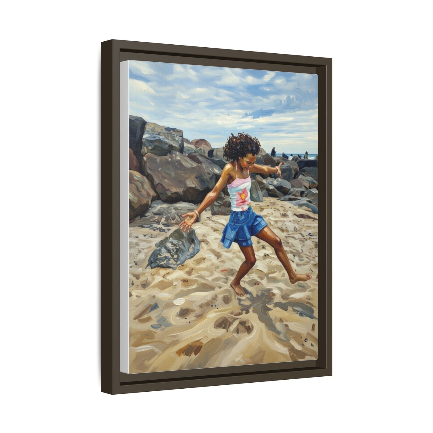 Framed Canvas Art - Girl Dancing on the Beach (Matte Multi-Color)