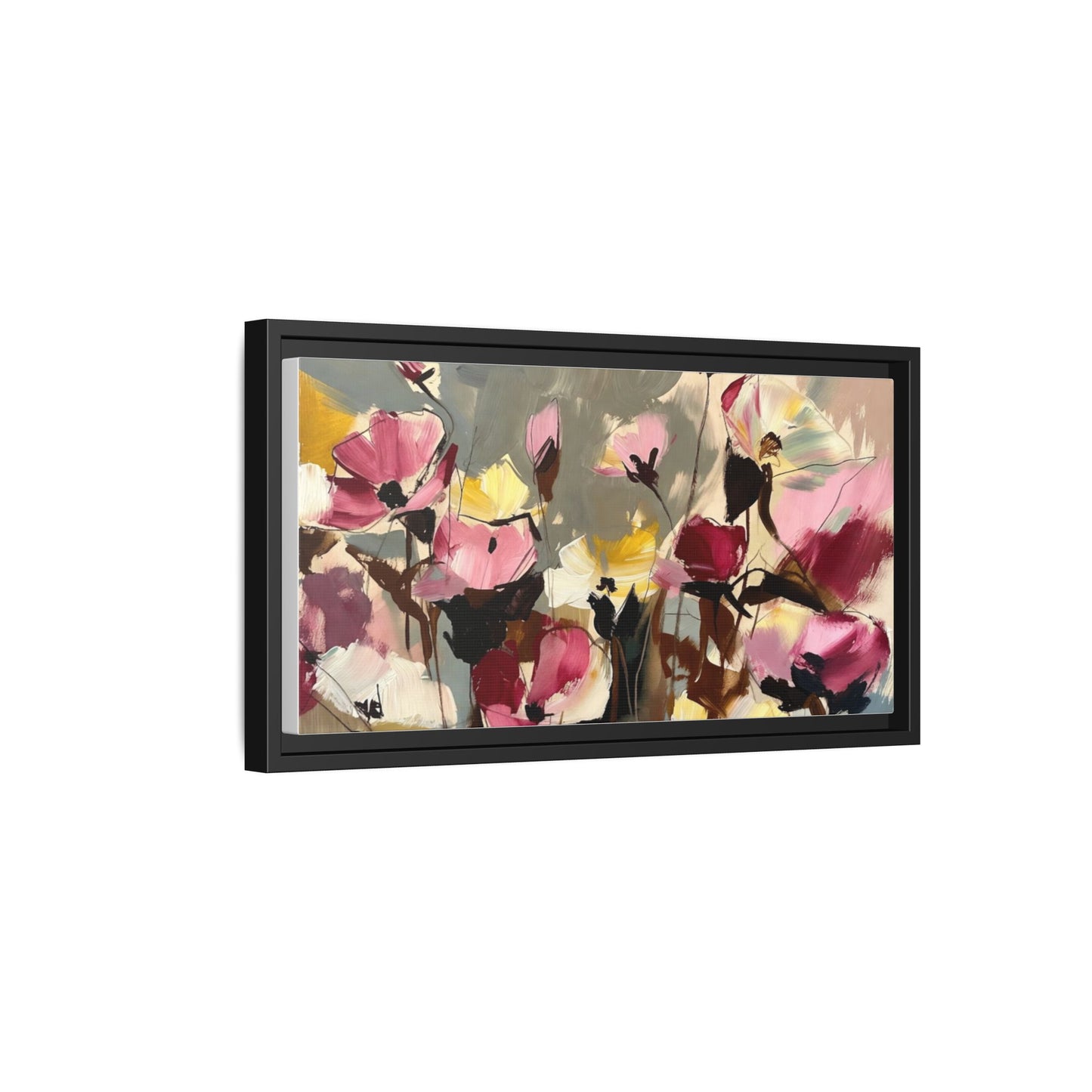 Framed Floral Canvas Wall Art — Abstract Pink & Yellow Flowers