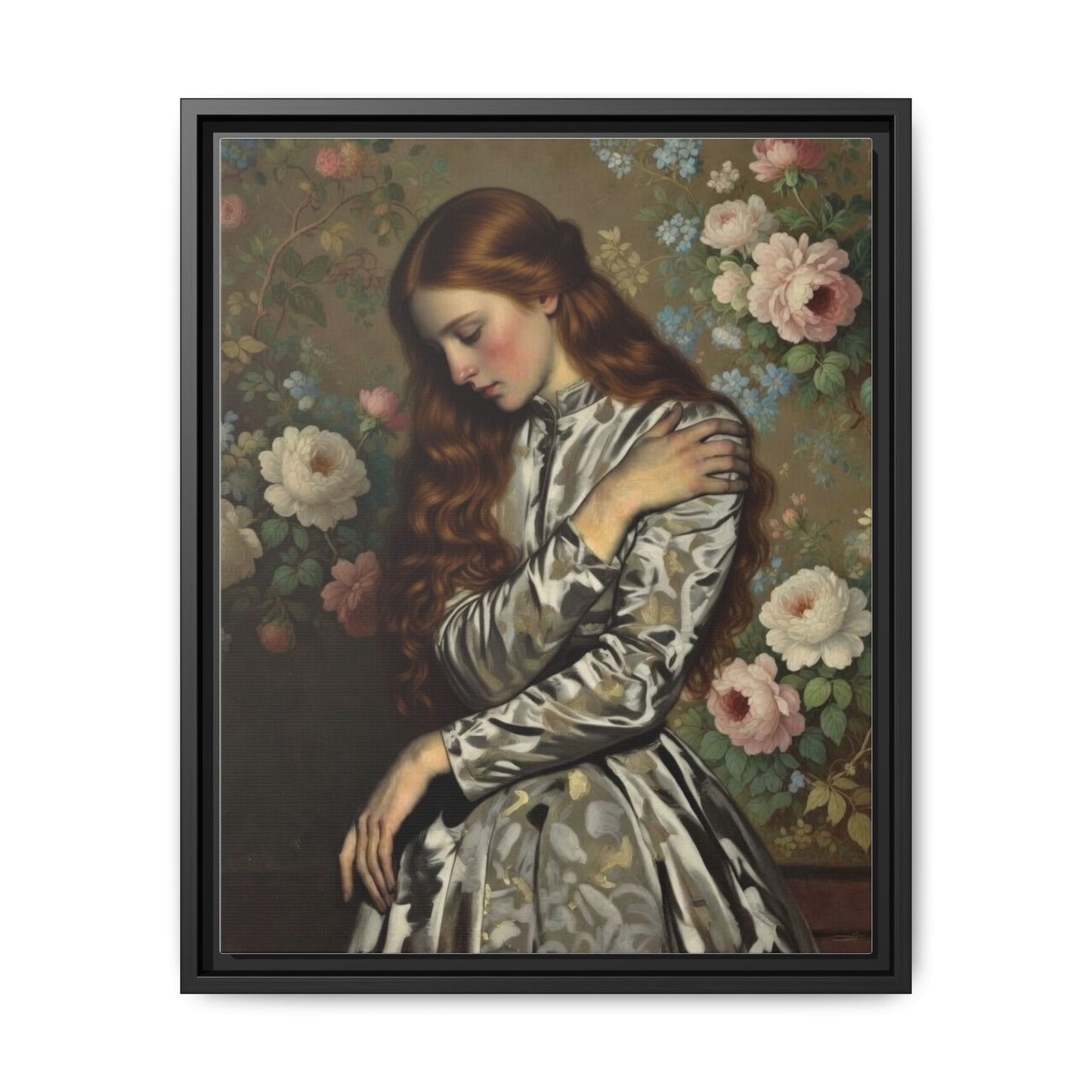 Framed Matte Canvas Art — Vintage Floral Portrait of a Young Woman