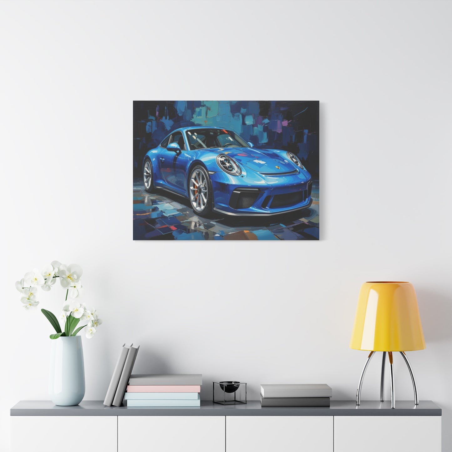 Blue Sports Car Canvas Wall Art — Modern Automotive Painting on Stretched Matte Canvas