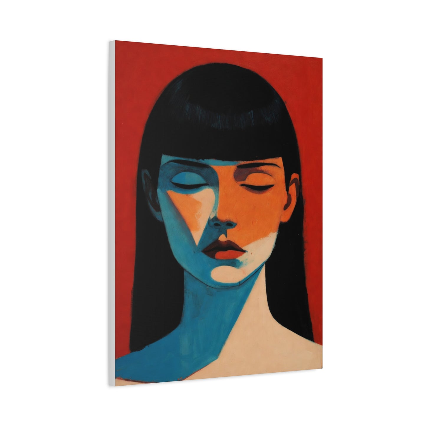 Portrait Canvas Wall Art — Modern Minimalist Woman in Red & Blue