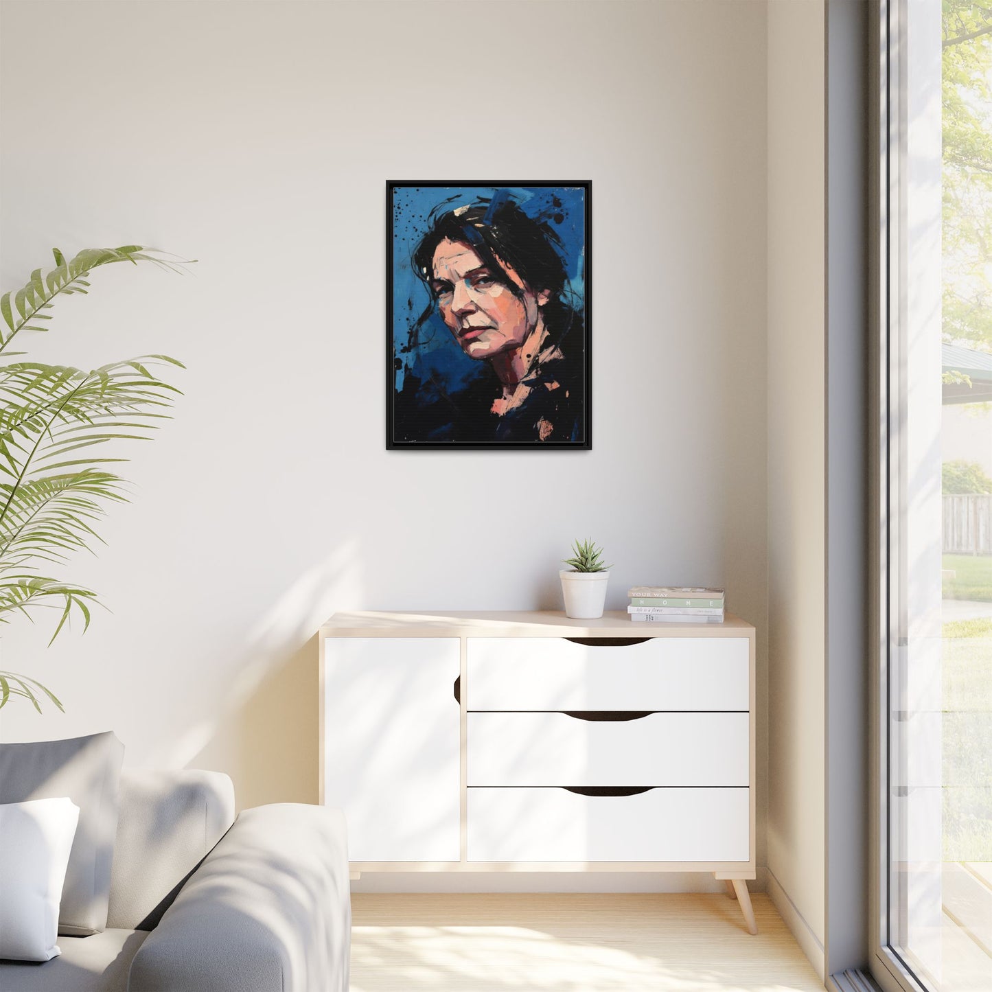 Framed Matte Canvas Portrait — Expressive Blue Painterly Woman Art