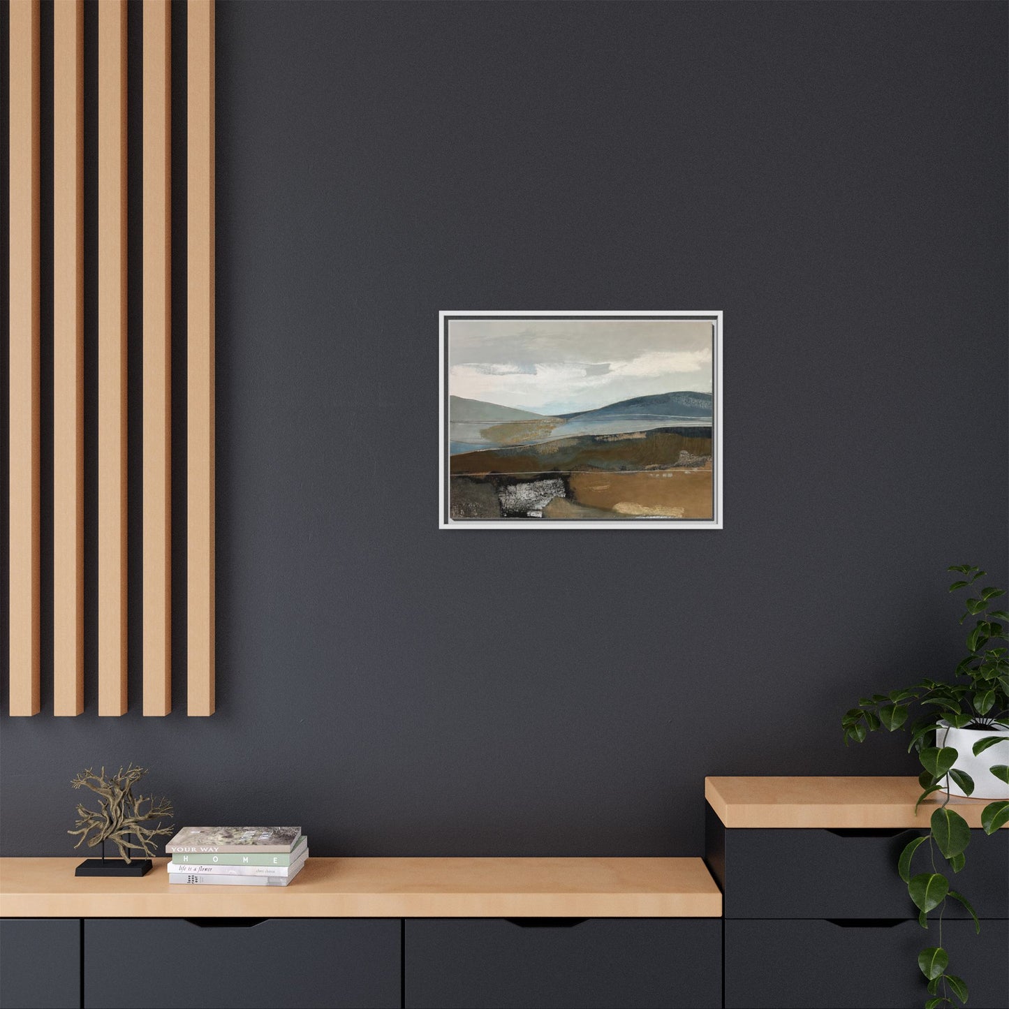 Framed Matte Canvas Landscape Art - Serene Abstract Hills in Blue & Earth Tones