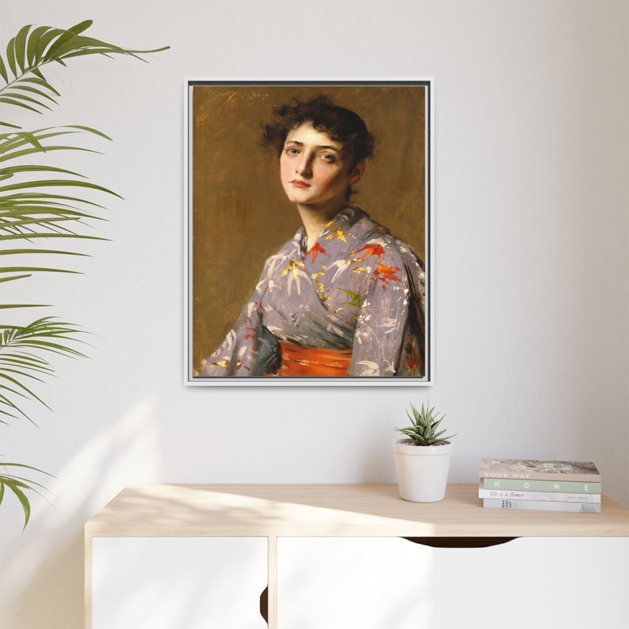 Girl in a Japanese Costume by William Merritt Chase Framed Matte Canvas Wall Art Print