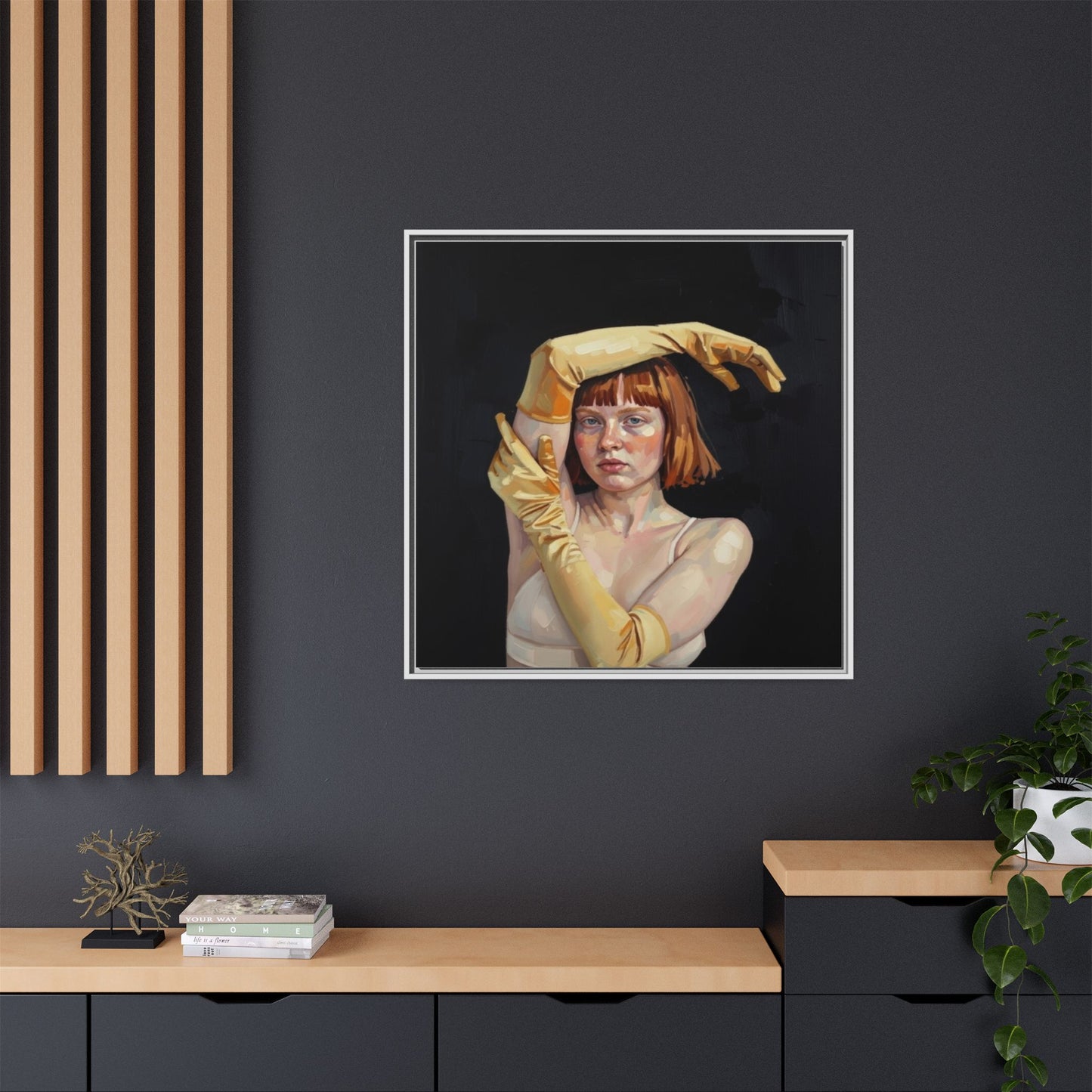 Framed Matte Canvas Art – Portrait of Woman in Yellow Gloves