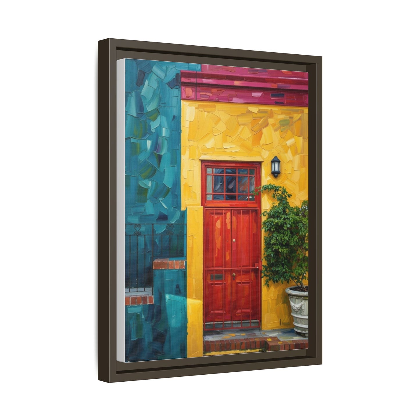 Framed Matte Canvas Wall Art — Colorful Red Door on Yellow Facade