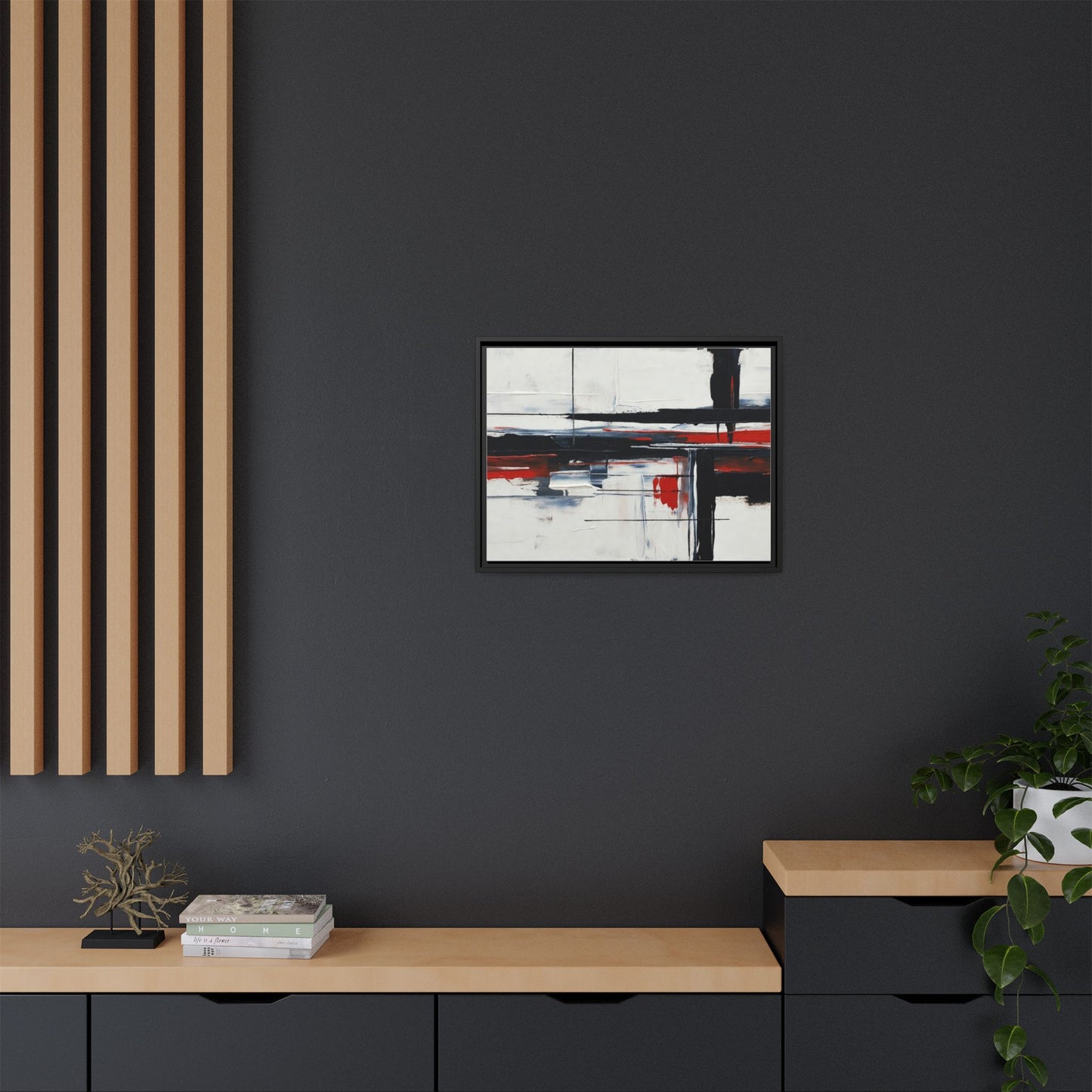 Abstract Red & Black Framed Canvas Art — Modern Matte Wall Painting