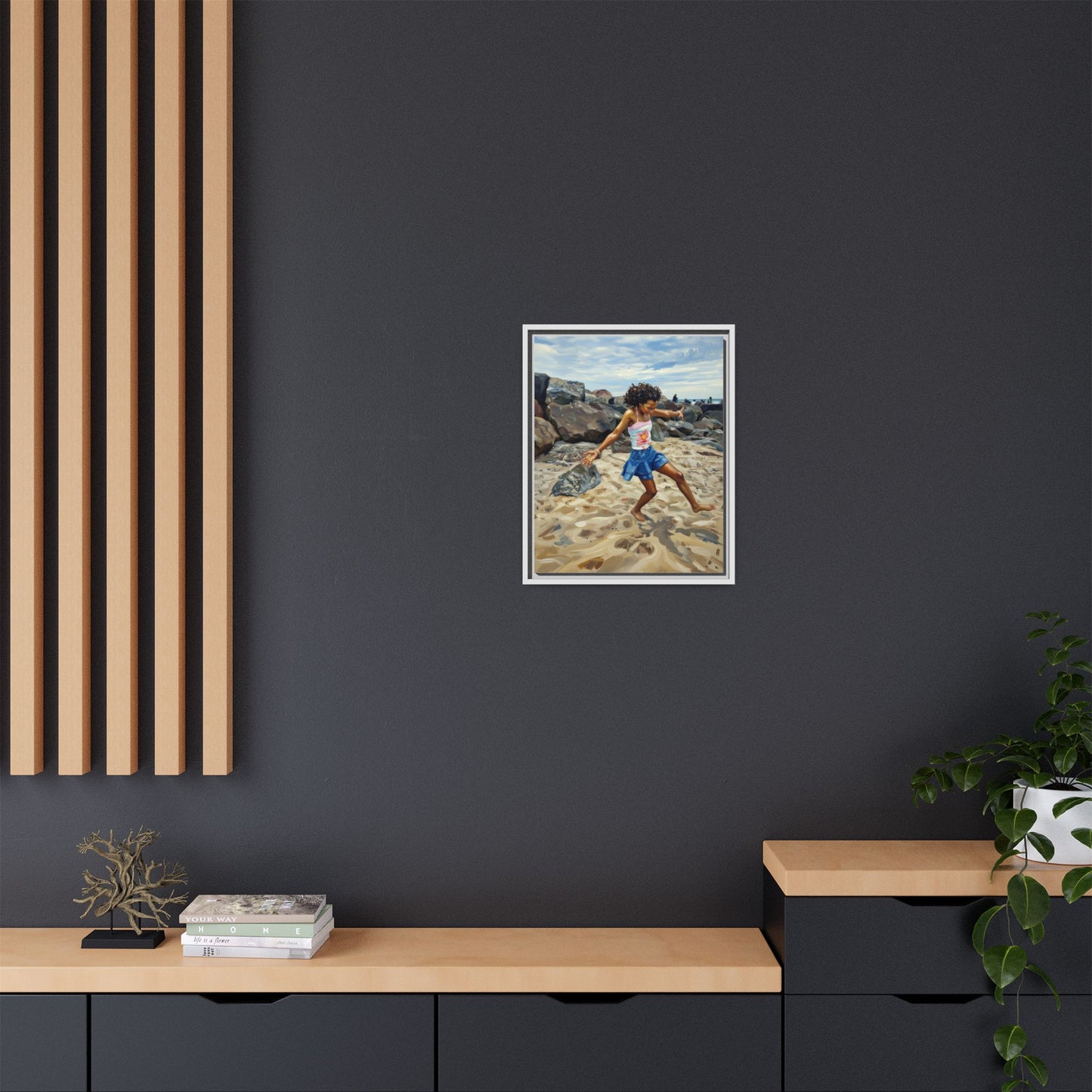 Framed Canvas Art - Girl Dancing on the Beach (Matte Multi-Color)
